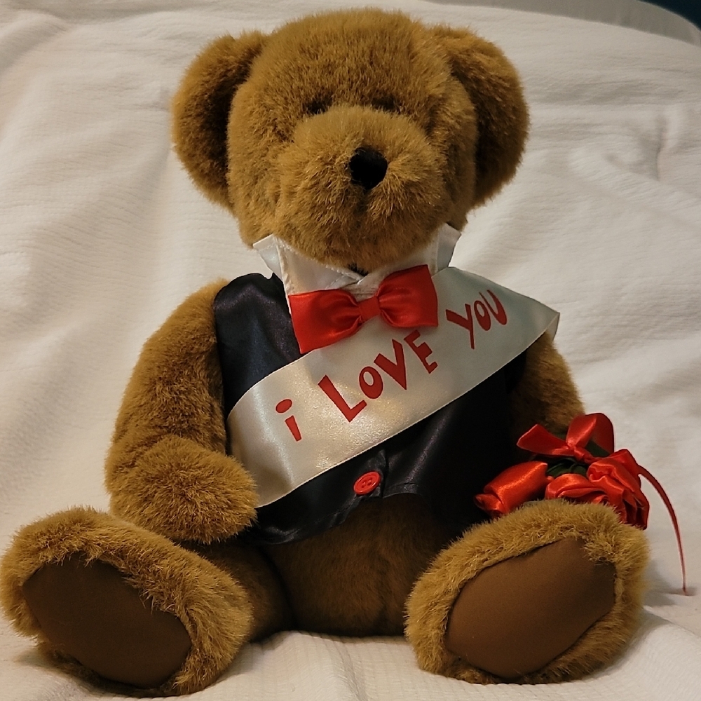Build-A-Bear Brown Teddy with I Love You Sash & Red Roses